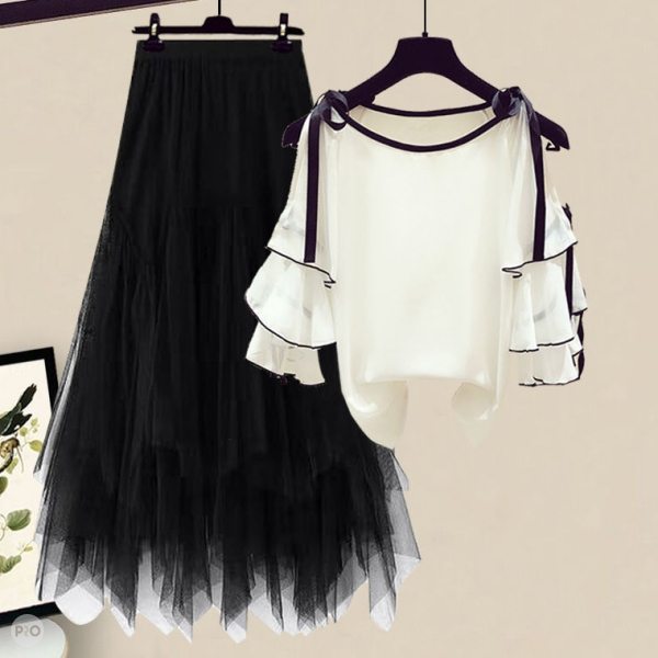 ホワイト/シャツ+ブラック/スカート/セット