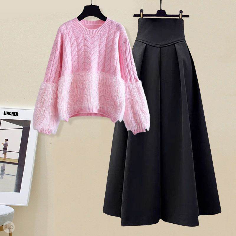 ピンク／セーター＋ブラック／スカート