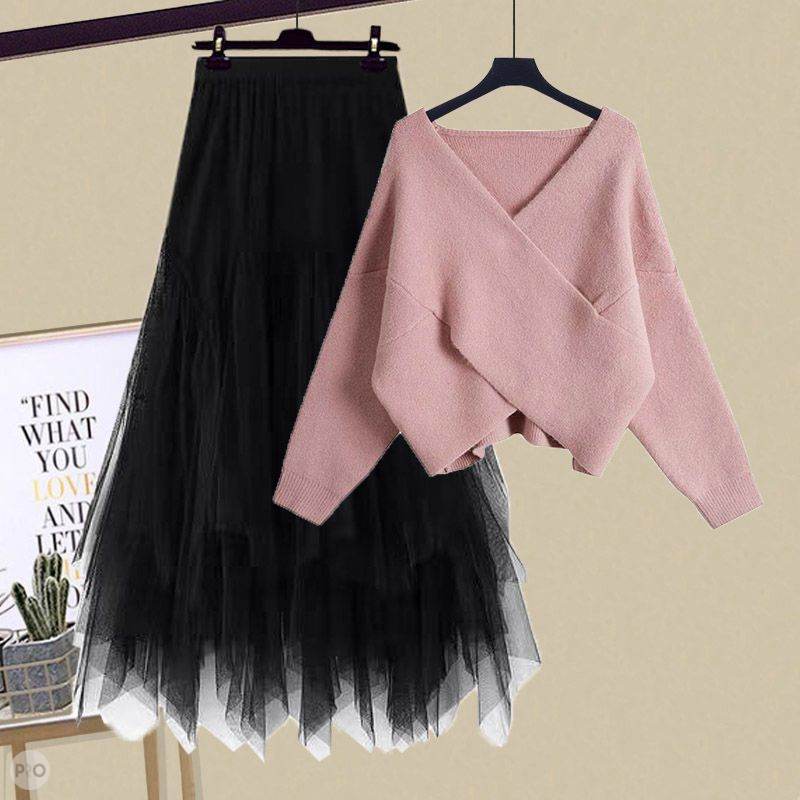 ピンク／セーター＋ブラック／スカート/セット