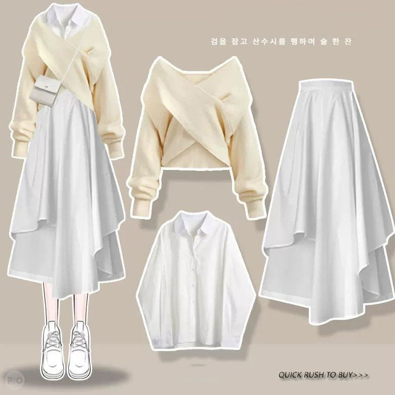 ホワイト/シャツ+アプリコット/セーター+ホワイト/スカート