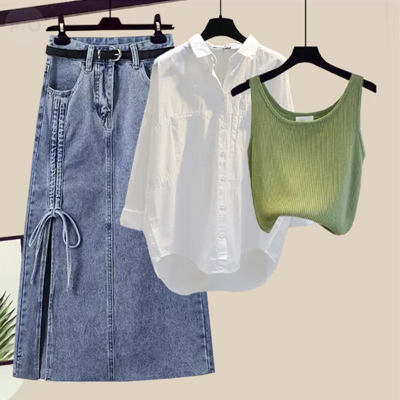 グリーン/ダンクトップ+ホワイト/シャツ+ブルー/スカート