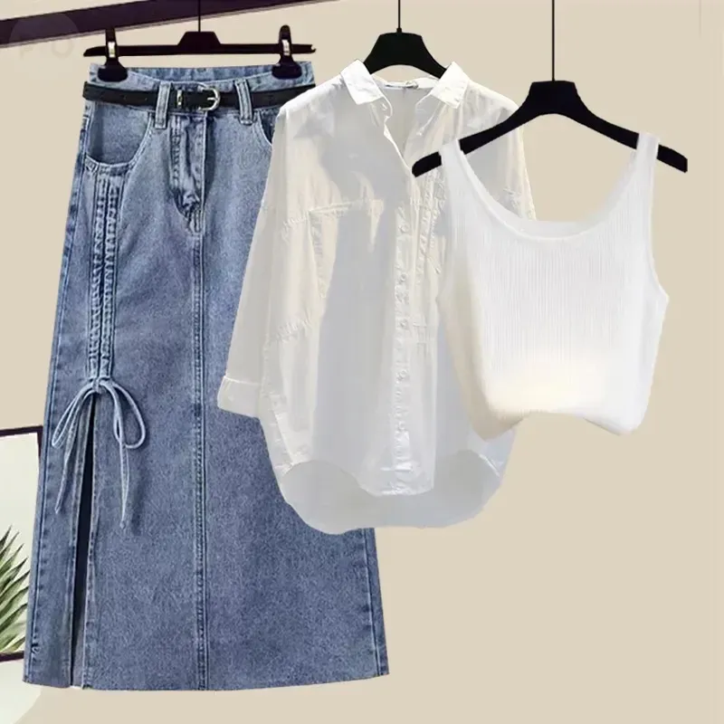 ホワイト/タンクトップ+ホワイト/シャツ+ブルー/スカート
