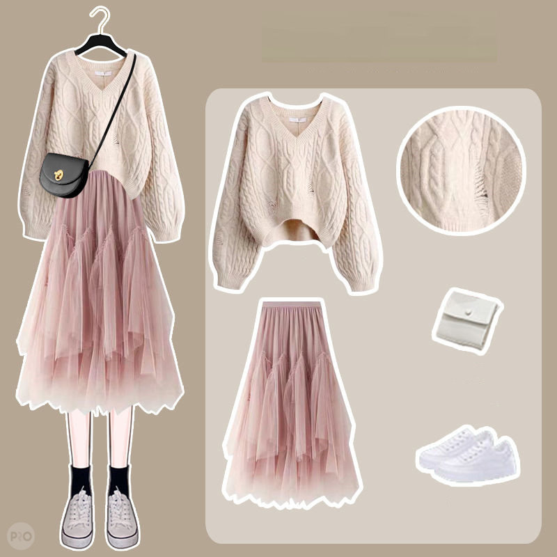 アイボリー/セーター+ピンク/スカート