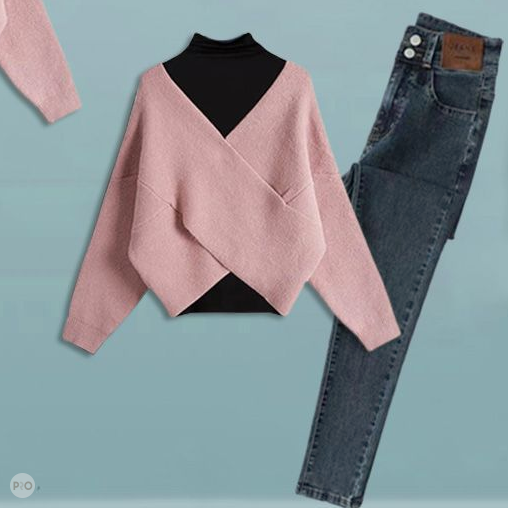 ピンク/セーター+ブルー/デニムパンツ
