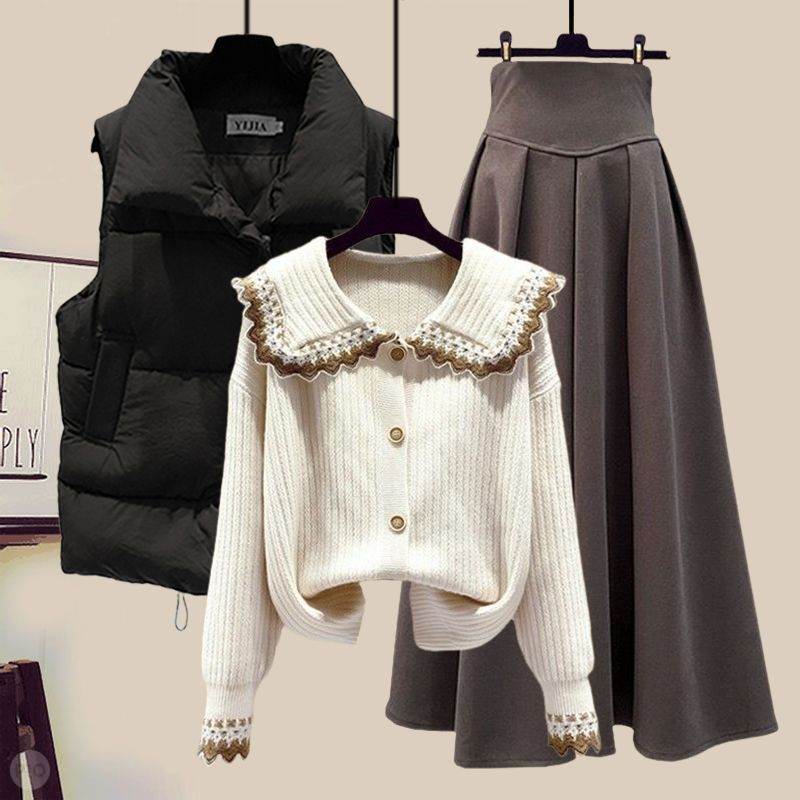 ブラック/ベスト+ホワイト/ニット.セーター+コーヒー/スカート