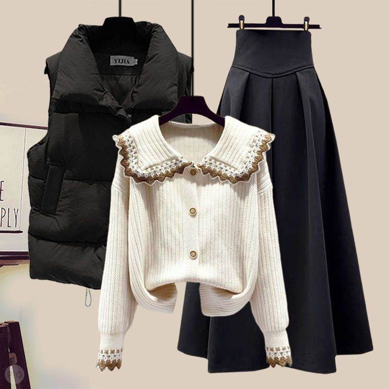 ブラック/ベスト+ホワイト/ニット.セーター+ブラック/スカート
