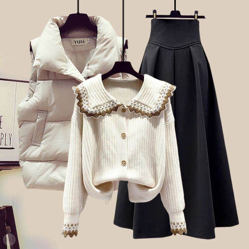 アイボリー/ベスト+ホワイト/ニット.セーター+ブラック/スカート