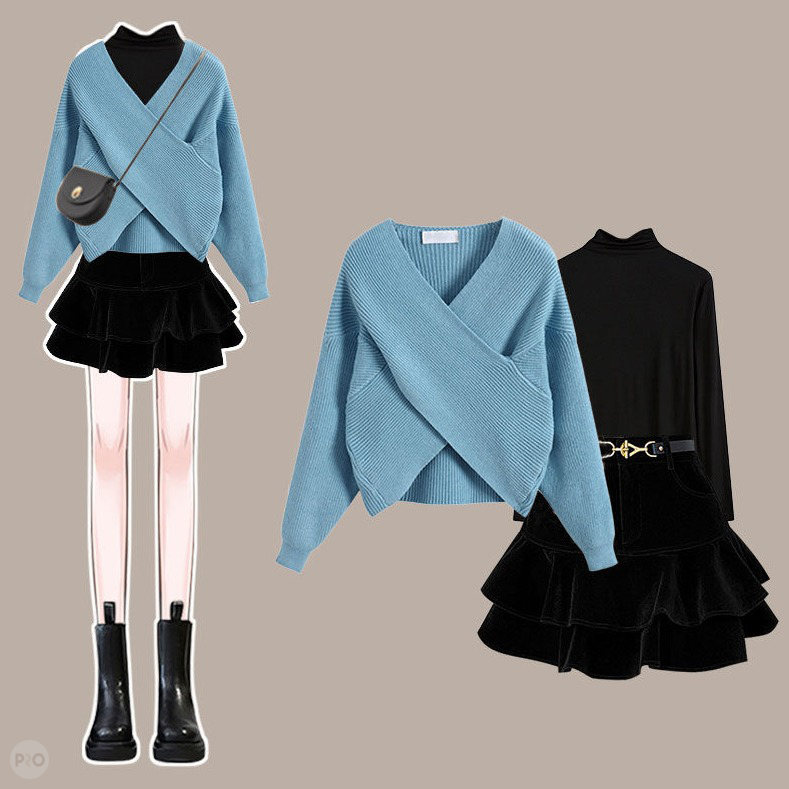 ブルー/ニット.セーター+ブラック/カットソー+ブラック/スカート